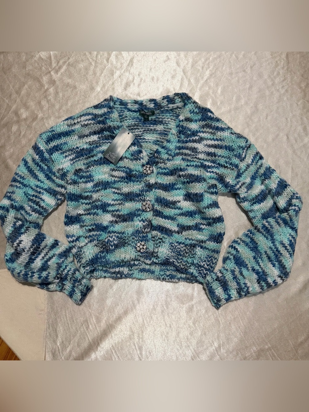 Wild Fable Blue Spacedye Embellished Button Front Crop Cardigan Size XS NWT